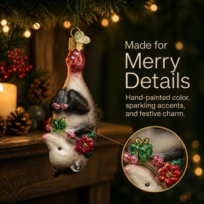 🎄 Hang In There! Adorable Upside-Down Opossum Glass Christmas Ornament 🌸