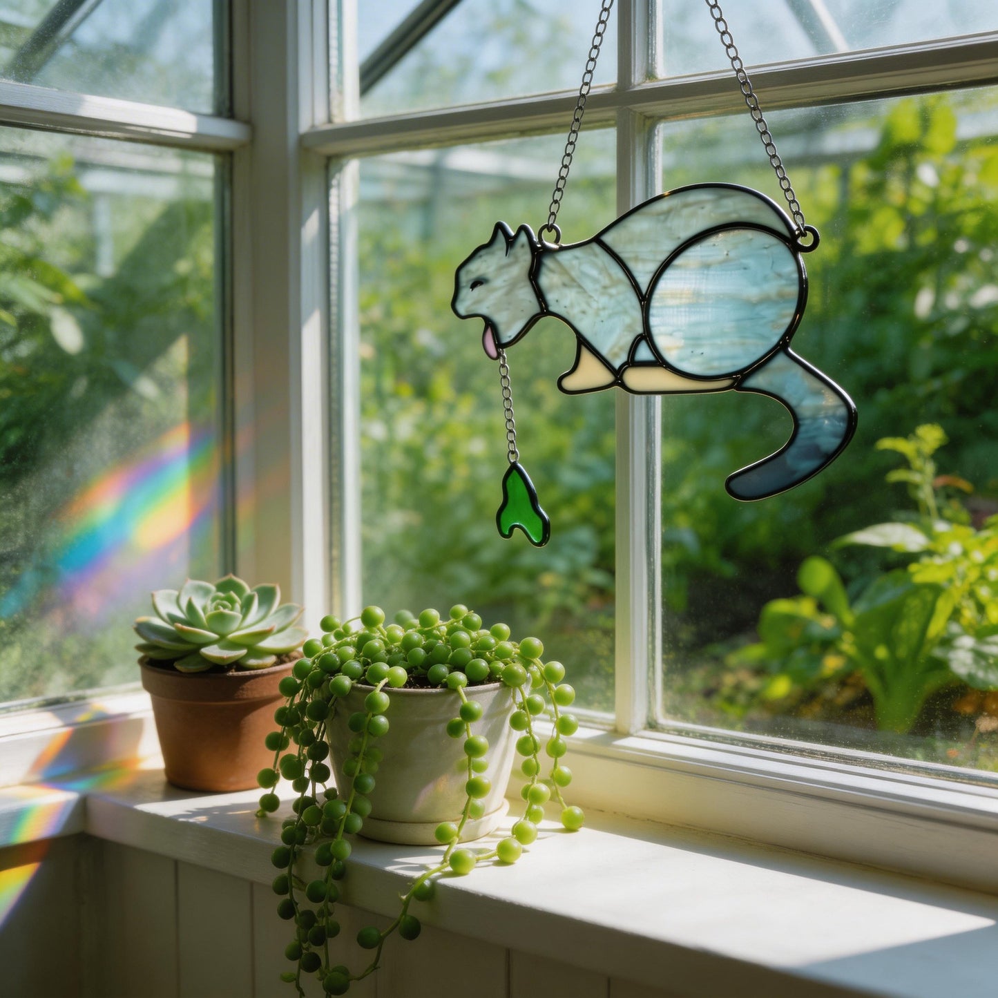 🐱🌈 Puking Cat Stained Glass Suncatcher – Handmade Window Decor Art