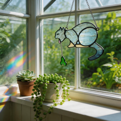 🐱🌈 Puking Cat Stained Glass Suncatcher – Handmade Window Decor Art