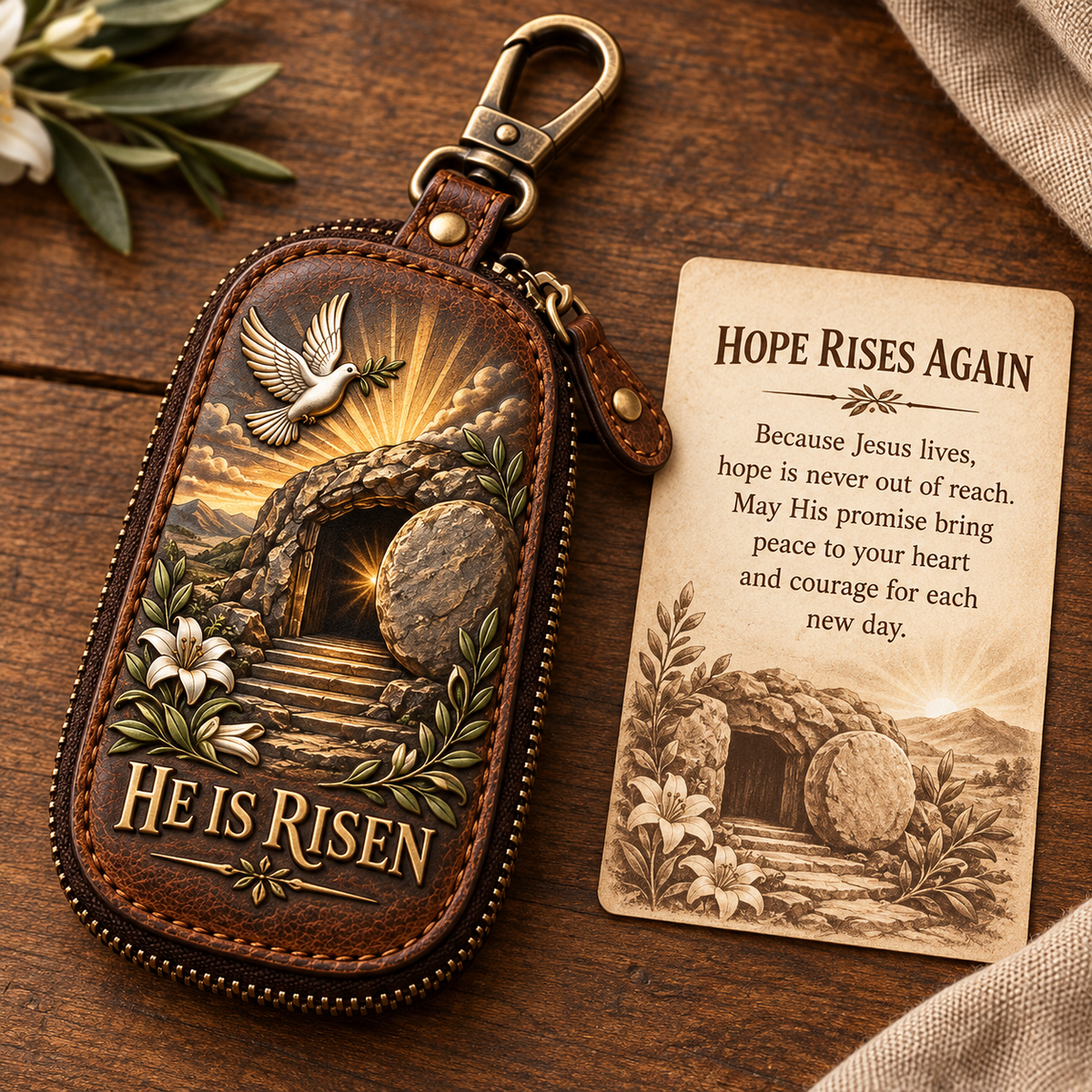 🕊️ "Faith Journey" Vintage Leather Key Case & Devotional Card Set | Christian Gift ✝️