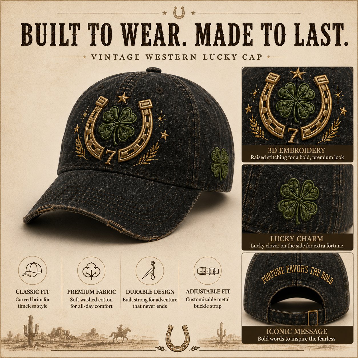 🍀Fortune Favors the Bold Vintage Lucky Cap – Free Clover Coin Included
