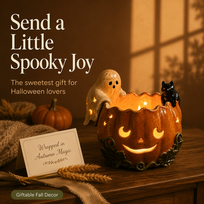 Handmade Ceramic Pumpkin Bowl, Ghost Cat Jack O Lantern Candle Holder, Halloween Tealight Centerpiece, Fall Shelf Decor