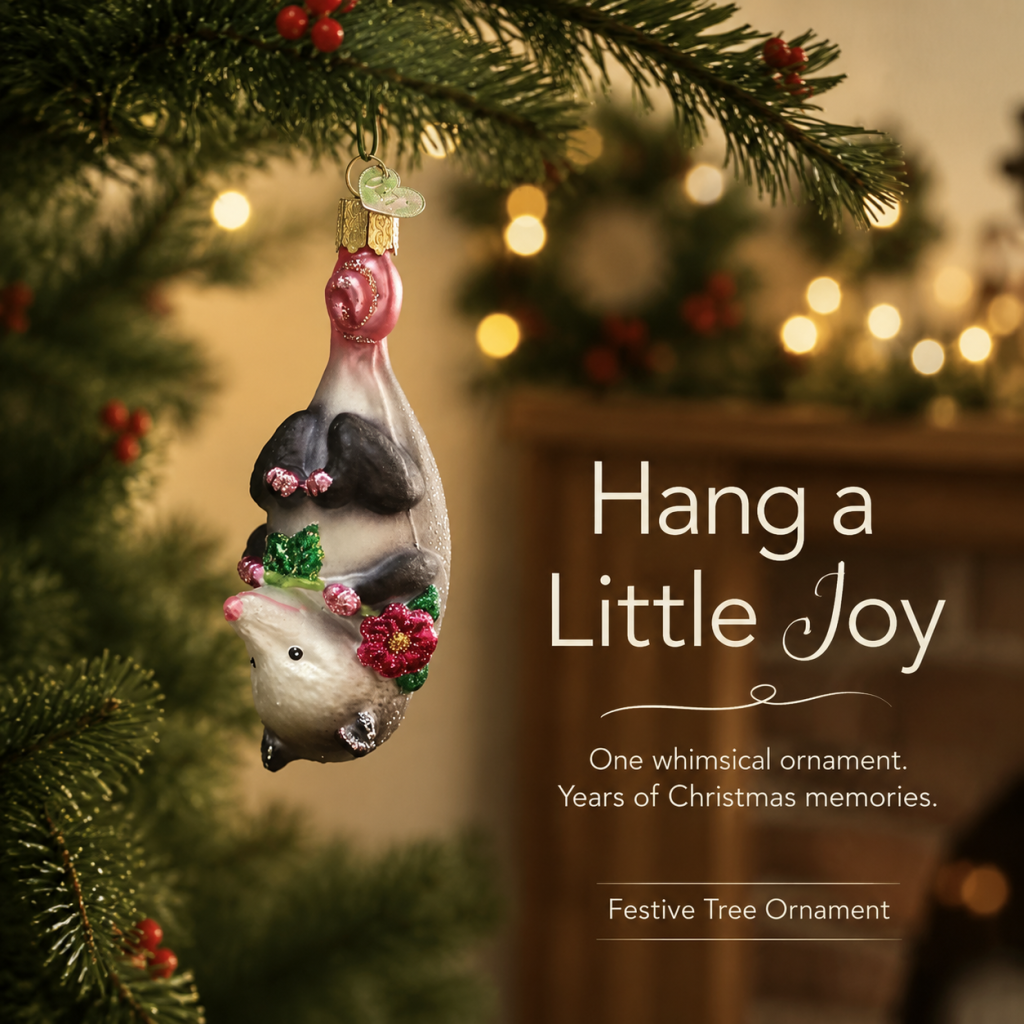 🎄 Hang In There! Adorable Upside-Down Opossum Glass Christmas Ornament 🌸