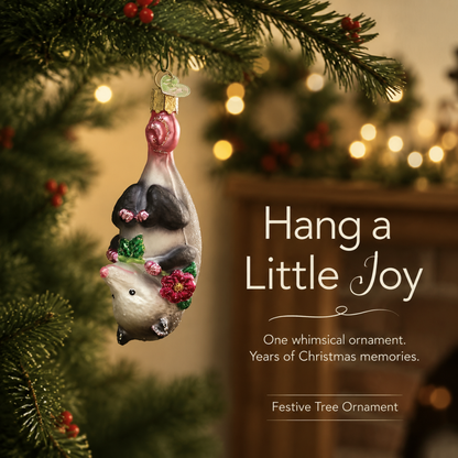 🎄 Hang In There! Adorable Upside-Down Opossum Glass Christmas Ornament 🌸
