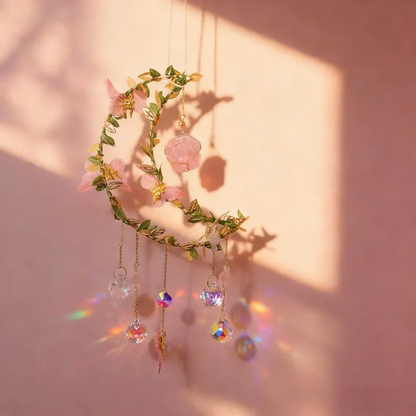 Handcrafted Crystal Moon Suncatcher – Pink Flower & Butterfly Window Décor