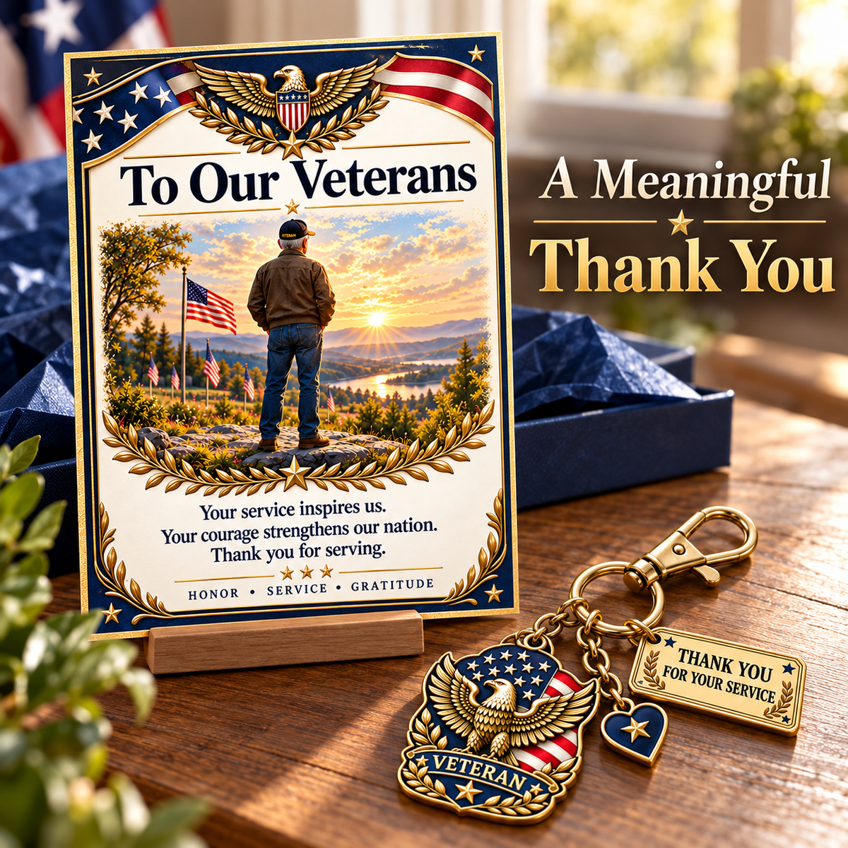 "Thank You For Your Service" Patriotic Veteran Keychain with Appreciation Card