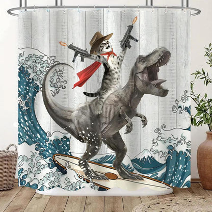 Dinosaur and Cat Pattern Removable Shower Curtain |  Waterproof Bathroom Curtain with 12 Hooks