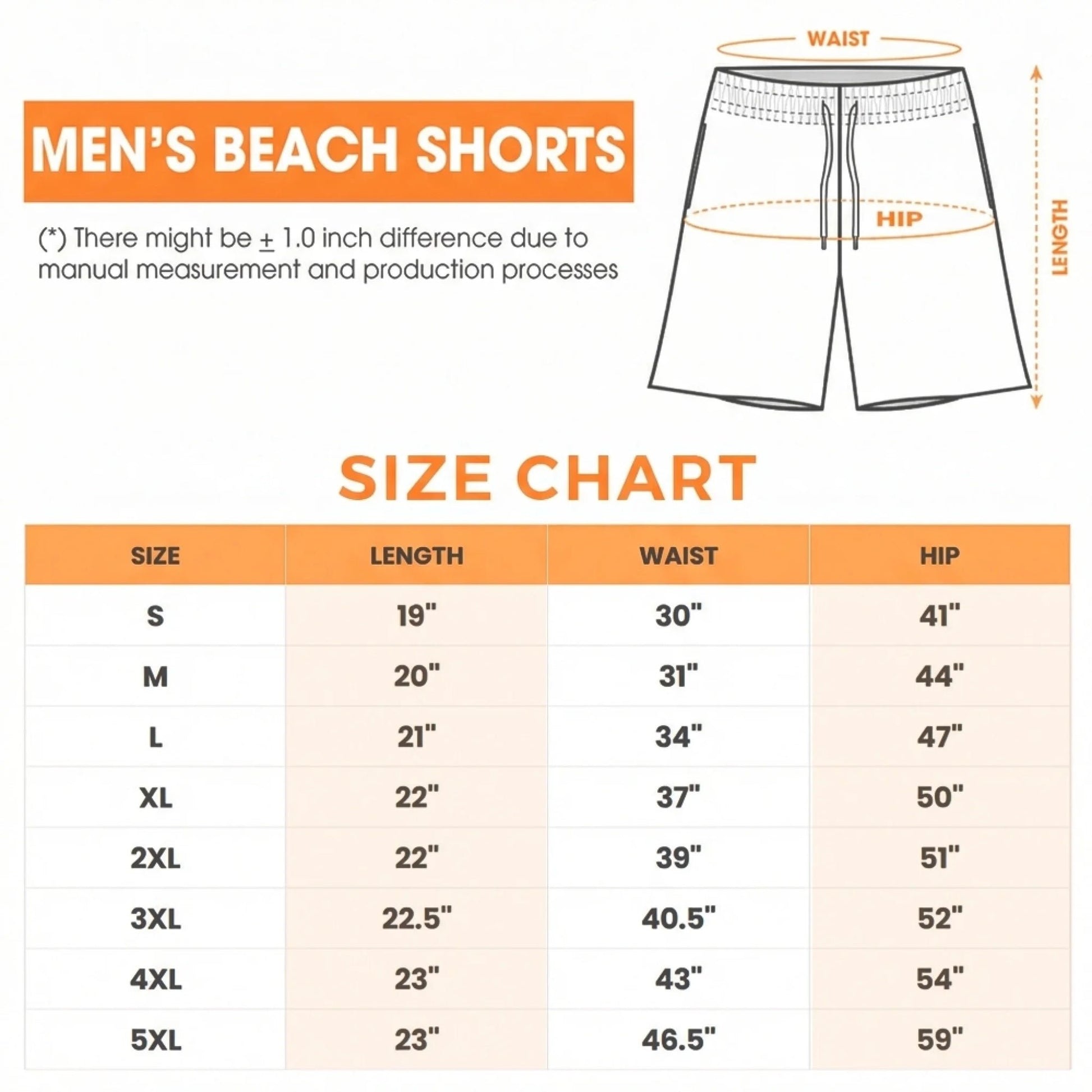 Men's beach shorts size chart waist hip length