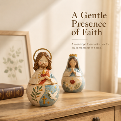 🌟 Divine Grace Collection: Hand-Painted Sacred Heart Jesus & Blessed Mary Keepsake Box