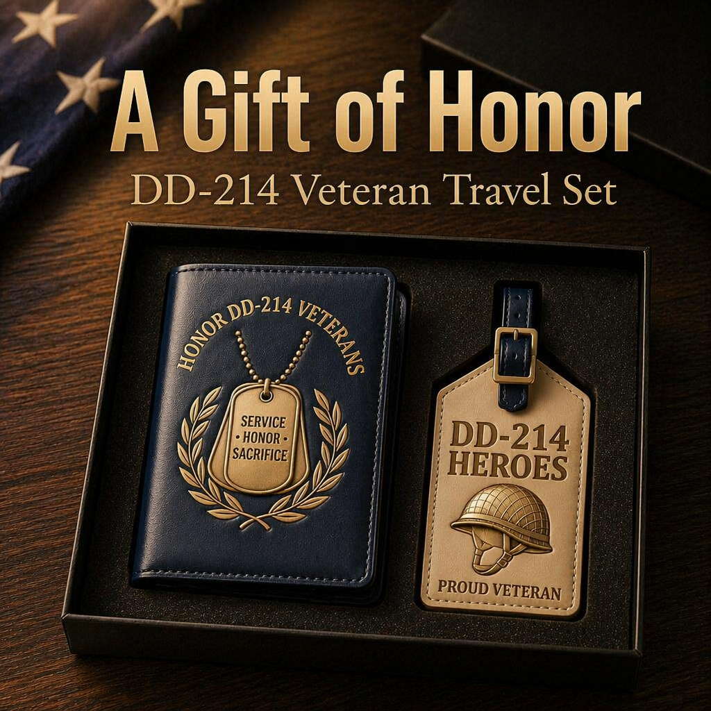 DD-214 Veterans Leather Passport Cover & Luggage Tag Set