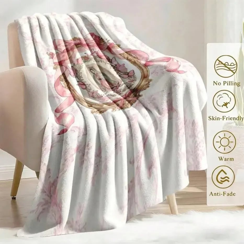 🕊️Virgin Mary Guadalupe Blanket ✨ Soft Flannel Throw Blanket with Pink Bow Design For Home & Gift