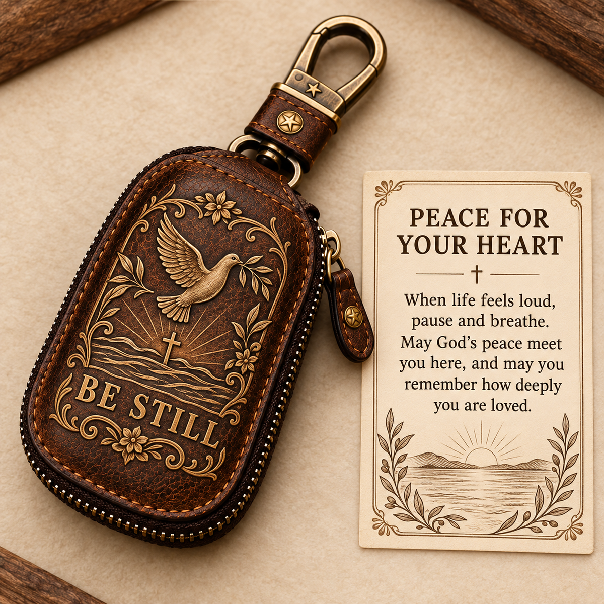 🕊️ "Faith Journey" Vintage Leather Key Case & Devotional Card Set | Christian Gift ✝️