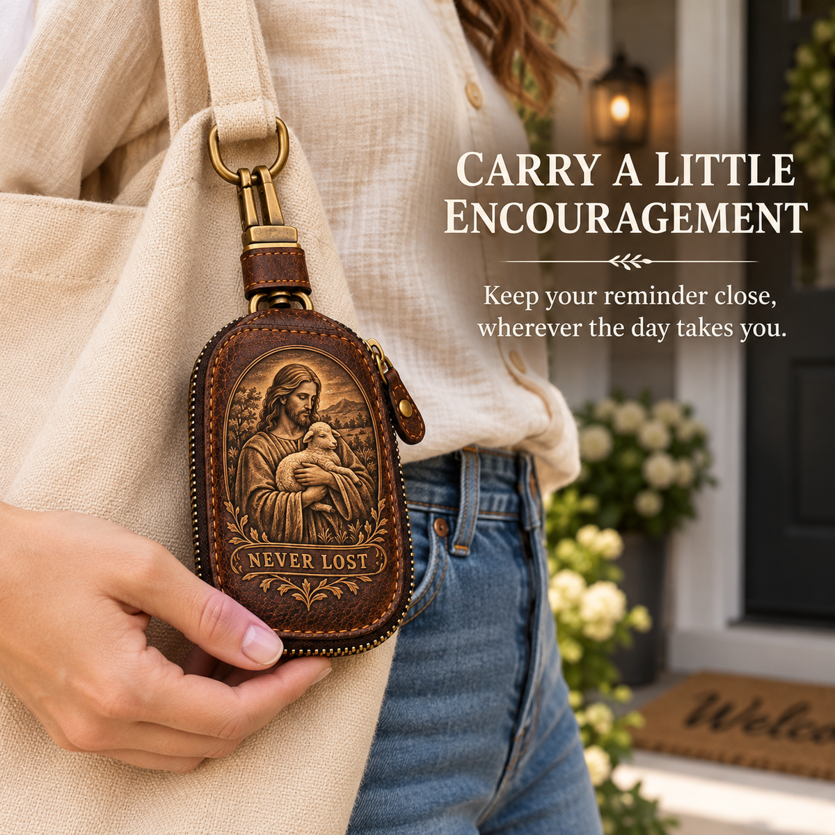 🕊️ "Faith Journey" Vintage Leather Key Case & Devotional Card Set | Christian Gift ✝️