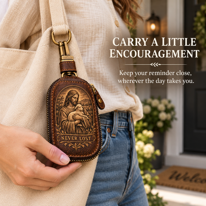 🕊️ "Faith Journey" Vintage Leather Key Case & Devotional Card Set | Christian Gift ✝️