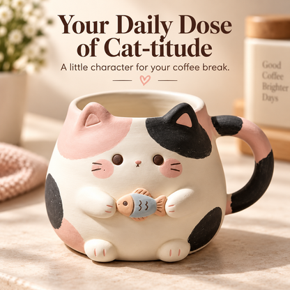 Chubby Calico Cat Mug with Fish 🐱🐟
