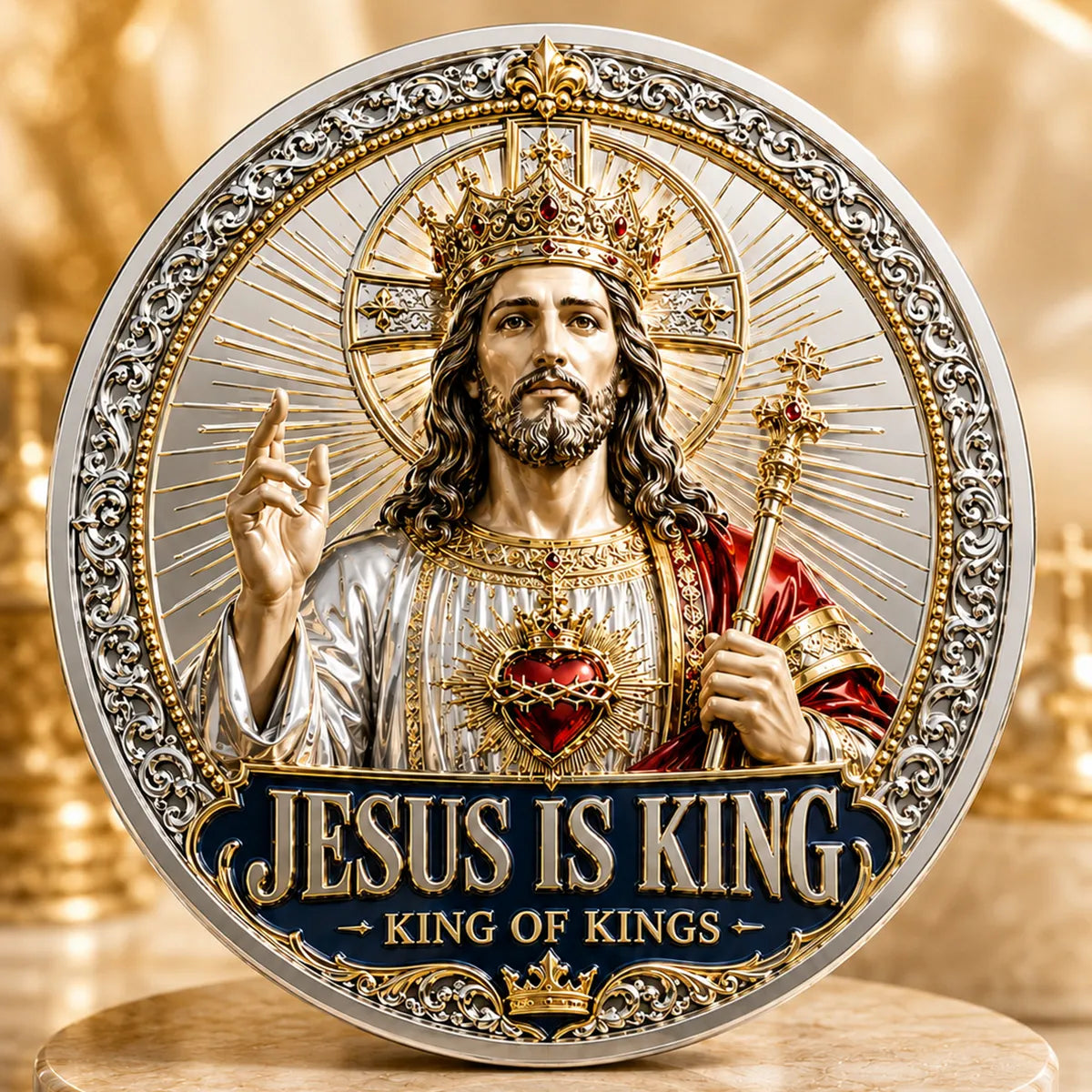 Sacred Heritage Commemorative Metal Coin Collection | 3D High-Relief Christian Faith Medals (Jesus Is King &amp; Madonna and Child)
