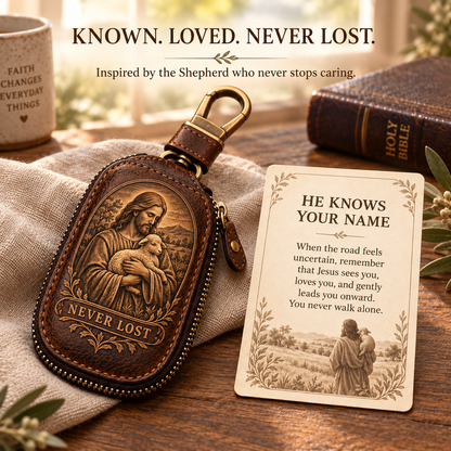 🕊️ "Faith Journey" Vintage Leather Key Case & Devotional Card Set | Christian Gift ✝️