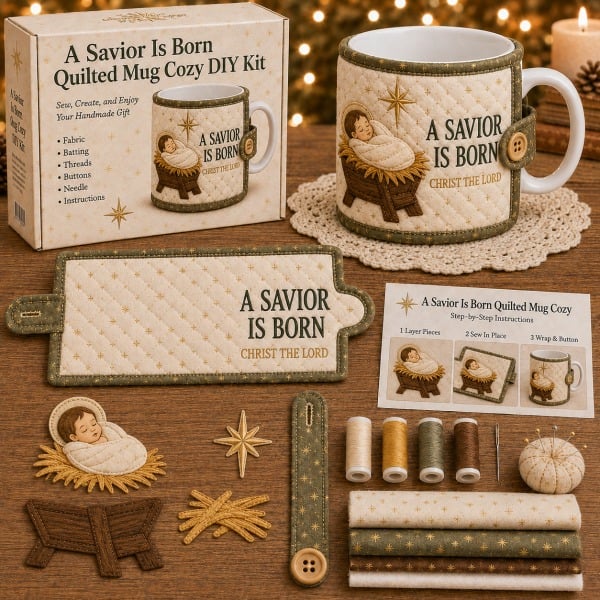 ⏳ Last Day 50% OFF – ✝️ Beginner-Friendly Christmas Faith Mug Cozy Sewing Kit | 6 Christian-Inspired Designs with Fabric Pieces, Batting, Appliqué, Thread, Buttons, Needle & Step-by-Step Guide Included 💕