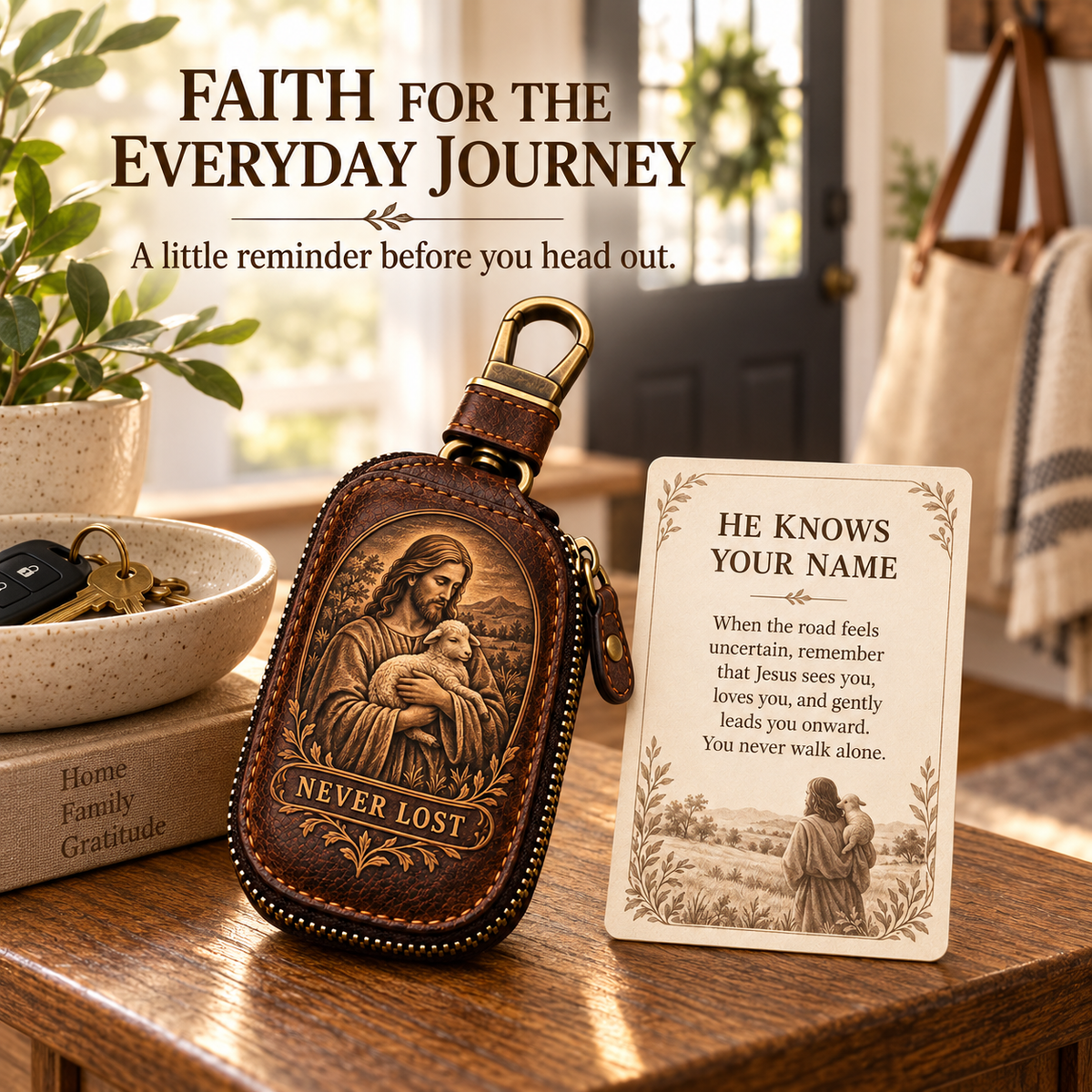 🕊️ "Faith Journey" Vintage Leather Key Case & Devotional Card Set | Christian Gift ✝️