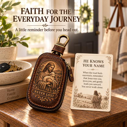 🕊️ "Faith Journey" Vintage Leather Key Case & Devotional Card Set | Christian Gift ✝️