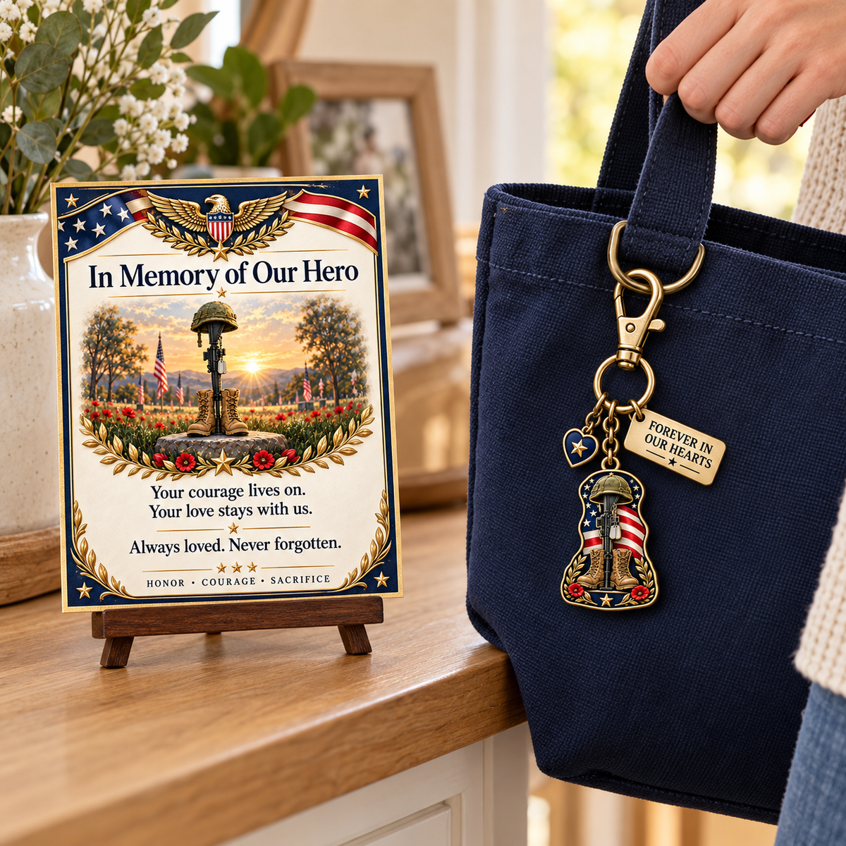 🇺🇸 "In Memory of Our Hero" Memorial Keychain &amp; Keepsake Card Set | Military Remembrance Gift