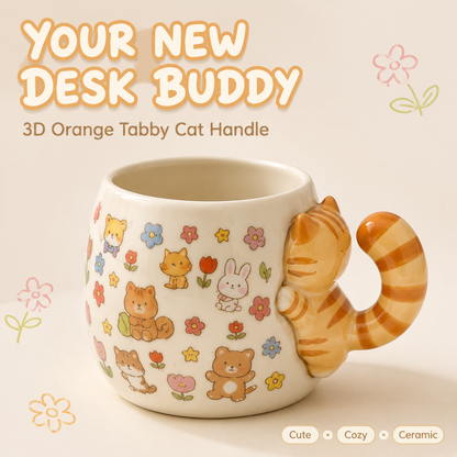 The "Hang In There" 3D Tabby Cat Mug 🐱☕ | Cute Animal Friends Ceramic Cup