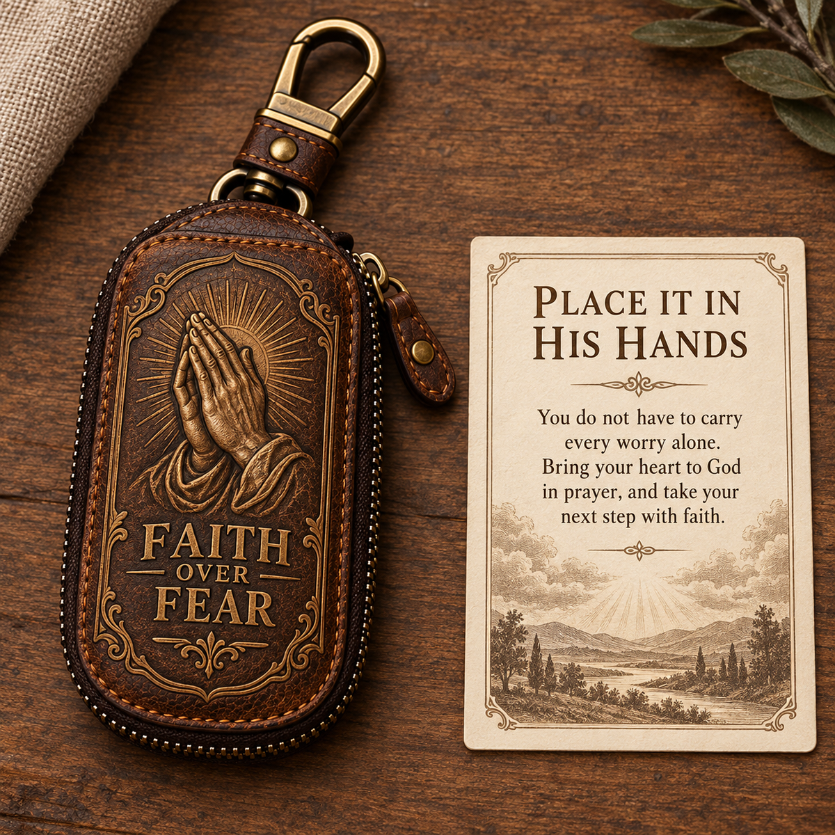 🕊️ "Faith Journey" Vintage Leather Key Case & Devotional Card Set | Christian Gift ✝️