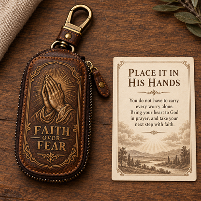 🕊️ "Faith Journey" Vintage Leather Key Case & Devotional Card Set | Christian Gift ✝️