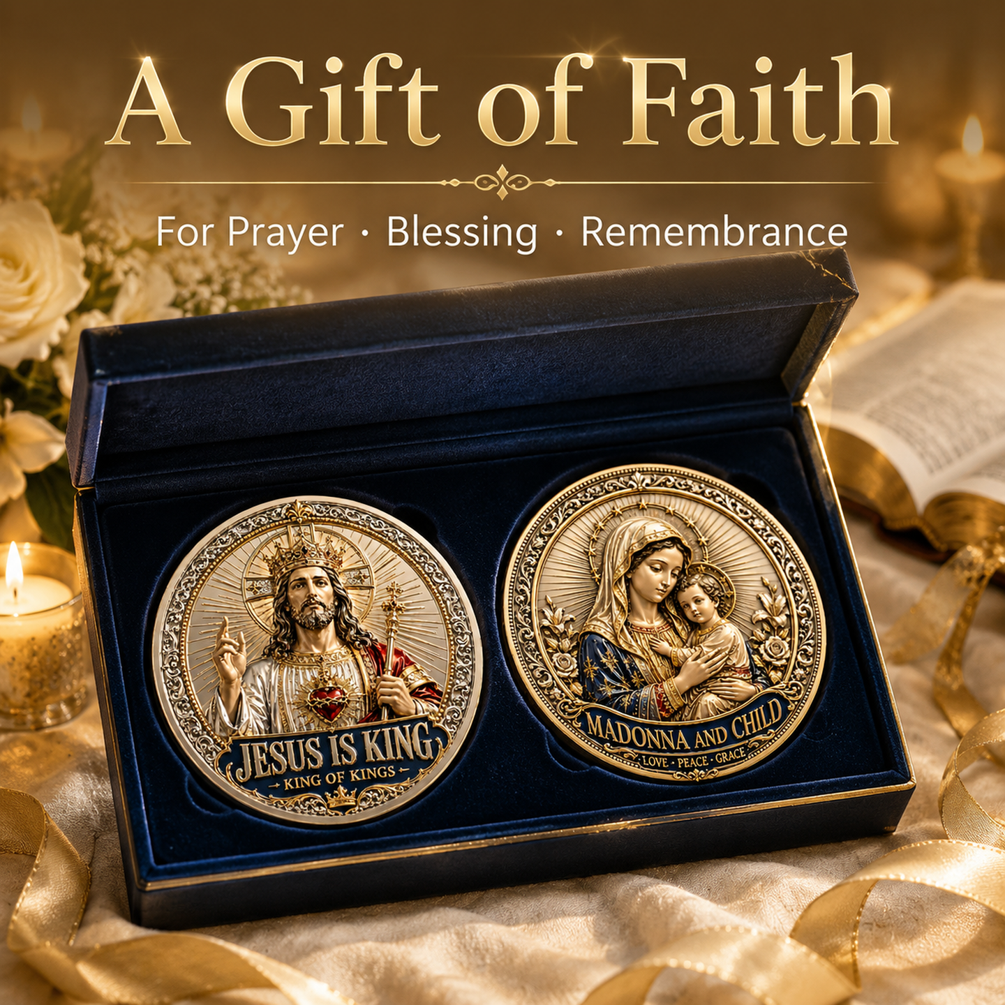 Sacred Heritage Commemorative Metal Coin Collection | 3D High-Relief Christian Faith Medals (Jesus Is King &amp; Madonna and Child)