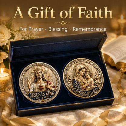 Sacred Heritage Commemorative Metal Coin Collection | 3D High-Relief Christian Faith Medals (Jesus Is King &amp; Madonna and Child)