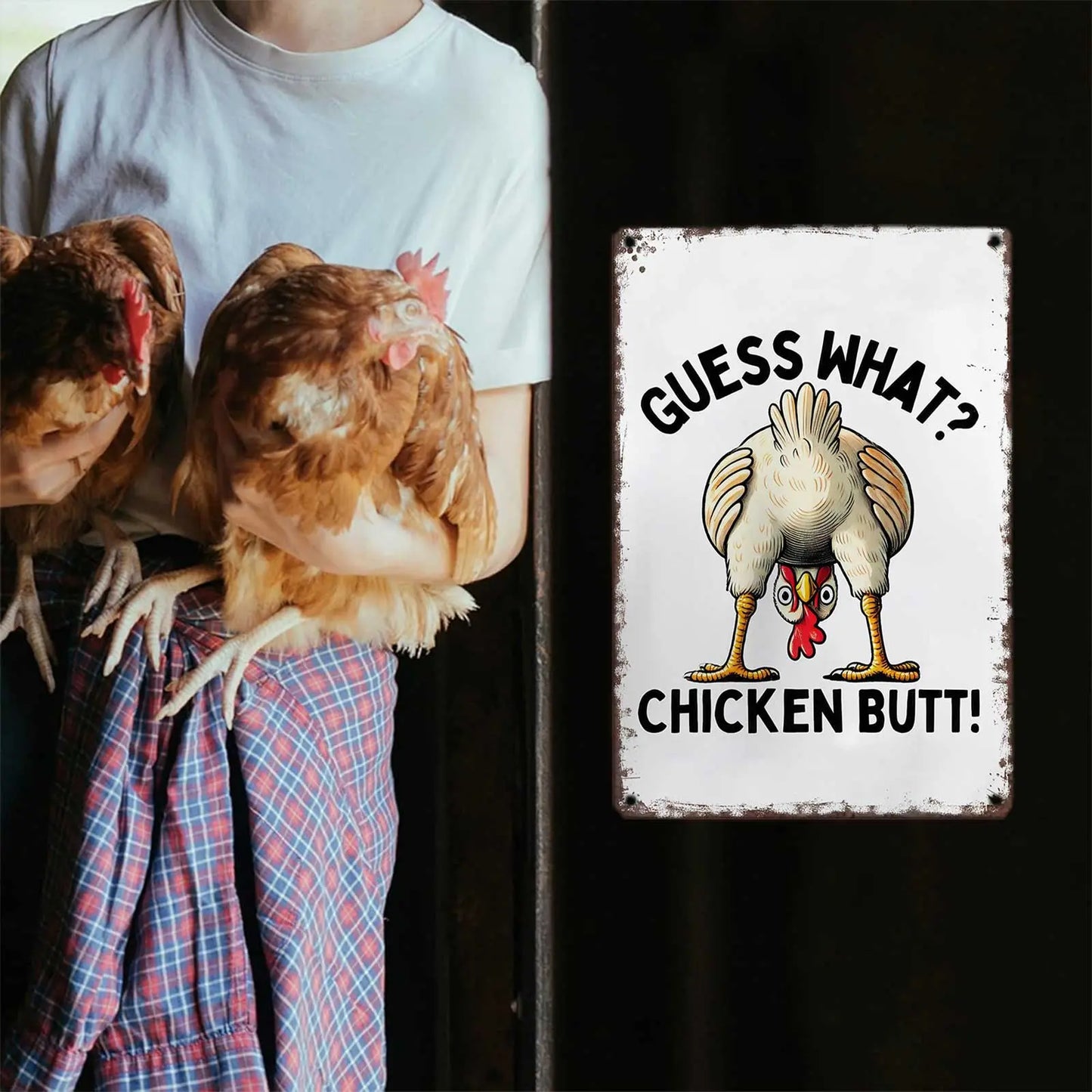 Guess What? Chicken Butt! Funny Chicken 8x12 Inch Aluminum Metal Sign