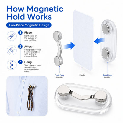 🧲 Magnetic Eyeglass Holder Clip, Universal Glasses Hanger for Readers, Blue Light Glasses & Sunglasses, No More Lost Eyewear