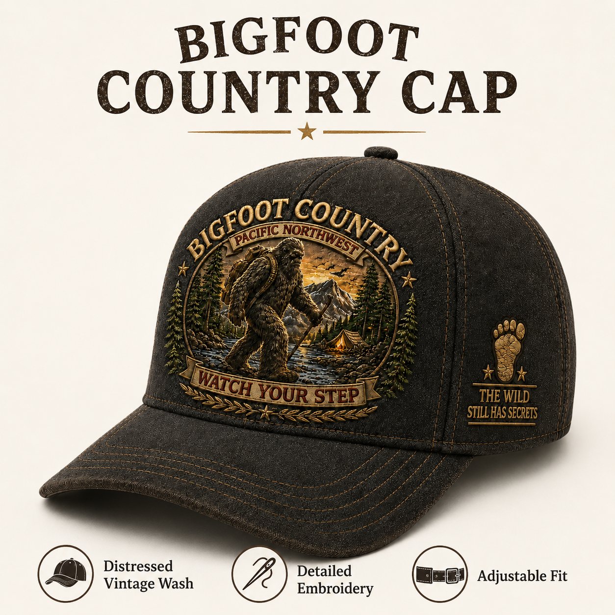 🦶Bigfoot Country Vintage Embroidered Cap – Free Collector Coin Included