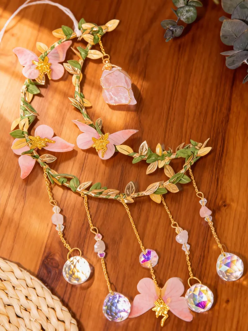 Handcrafted Crystal Moon Suncatcher – Pink Flower & Butterfly Window Décor