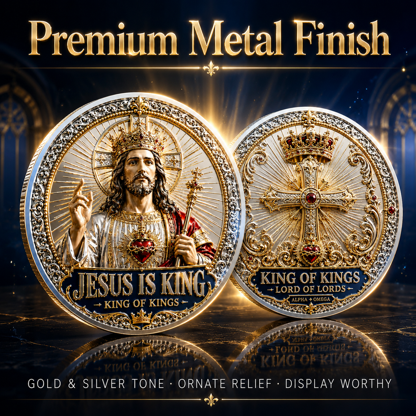 Sacred Heritage Commemorative Metal Coin Collection | 3D High-Relief Christian Faith Medals (Jesus Is King &amp; Madonna and Child)