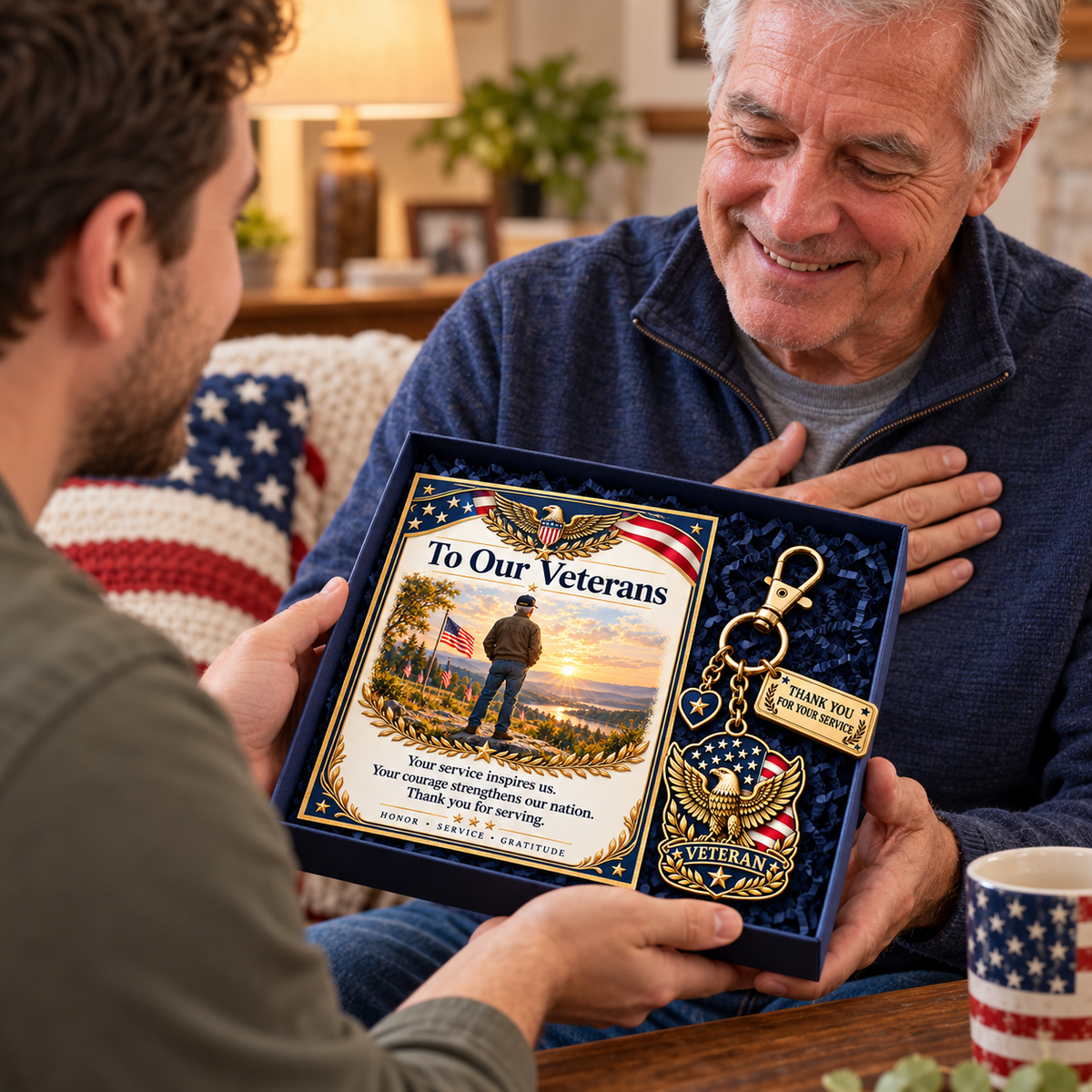 "Thank You For Your Service" Patriotic Veteran Keychain with Appreciation Card