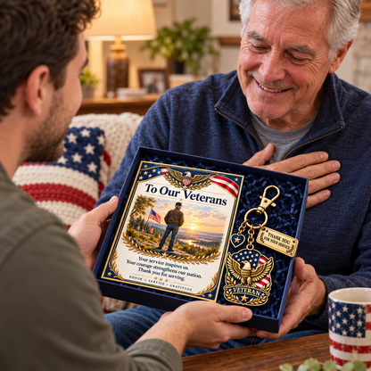 "Thank You For Your Service" Patriotic Veteran Keychain with Appreciation Card