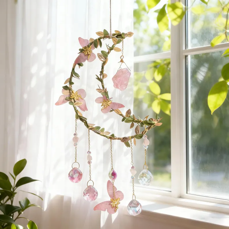 Handcrafted Crystal Moon Suncatcher – Pink Flower & Butterfly Window Décor