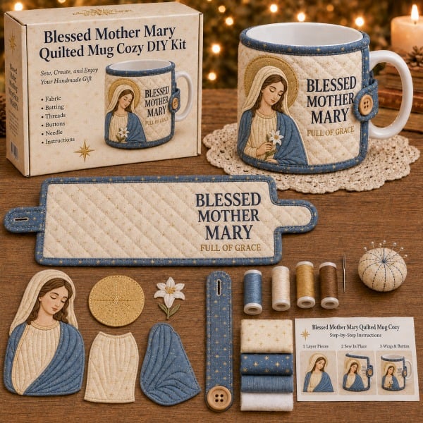 ⏳ Last Day 50% OFF – ✝️ Beginner-Friendly Christmas Faith Mug Cozy Sewing Kit | 6 Christian-Inspired Designs with Fabric Pieces, Batting, Appliqué, Thread, Buttons, Needle & Step-by-Step Guide Included 💕