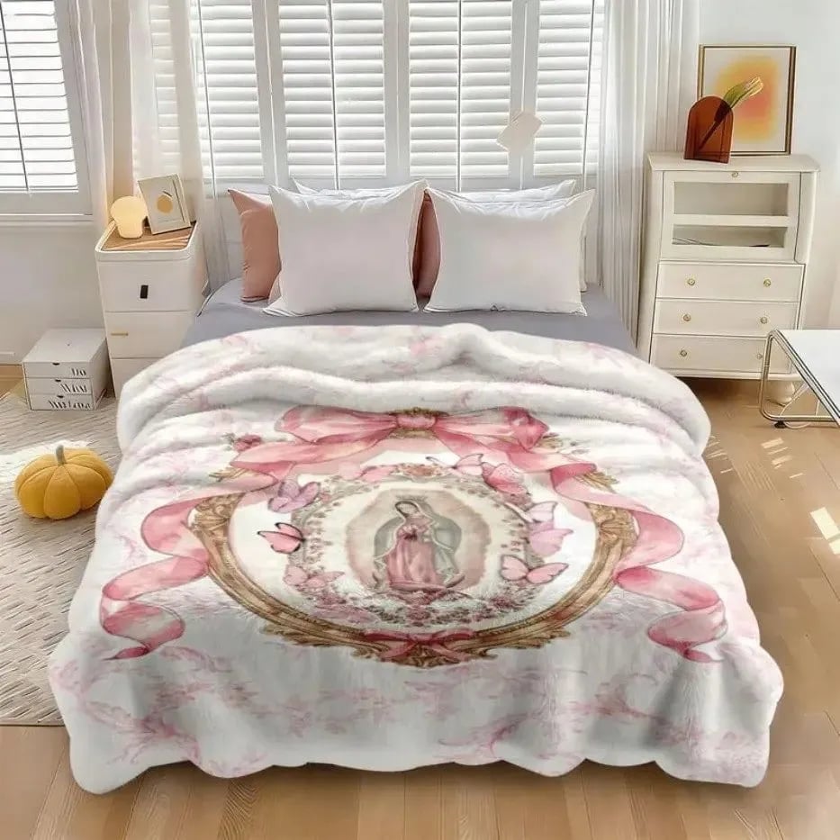 🕊️Virgin Mary Guadalupe Blanket ✨ Soft Flannel Throw Blanket with Pink Bow Design For Home & Gift