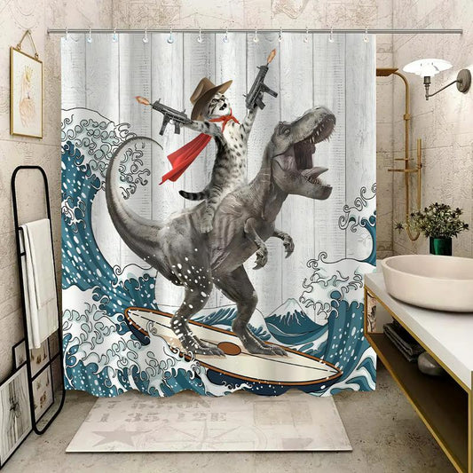 Dinosaur and Cat Pattern Removable Shower Curtain |  Waterproof Bathroom Curtain with 12 Hooks