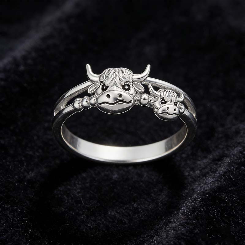 🔥LAST DAY 49% OFF - 💕 ✨ Handcrafted Highland Cow 925 Sterling Silver Adjustable Ring