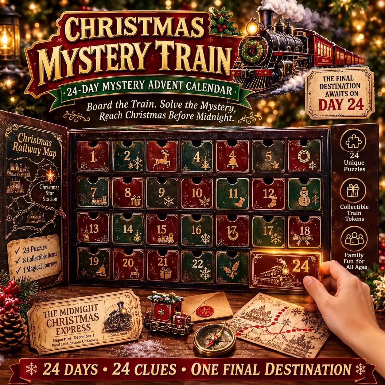 🎄24-Day Mystery Adventure Advent Calendar | Interactive Christmas Puzzle Game with 6 Story Themes, Hidden Clues & Hands-On Challenges 🧩