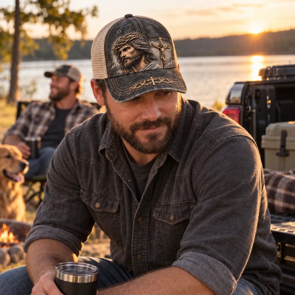 ✝️There Is No Greater Love Christian Jesus Hat – Vintage Crown of Thorns & Cross Faith Trucker Cap (🧢100% Cotton)