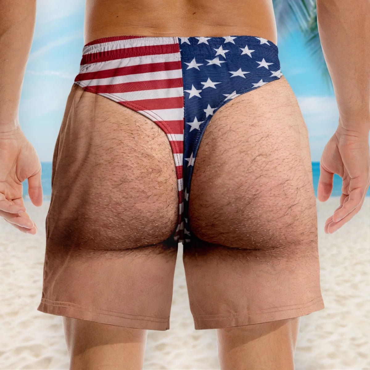 Funny patriotic swim trunks back view