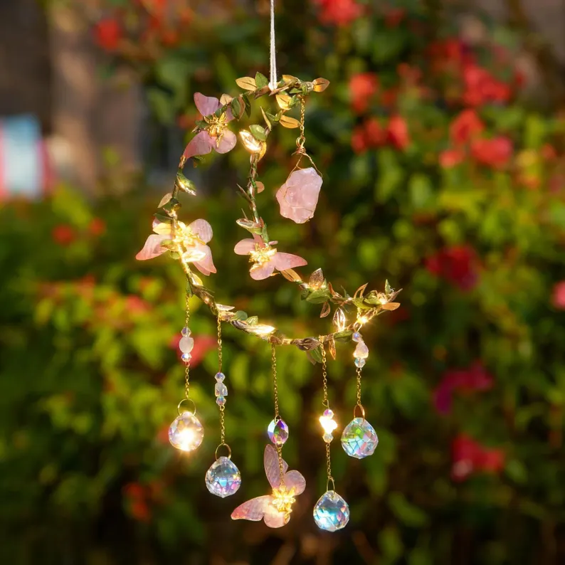 Handcrafted Crystal Moon Suncatcher – Pink Flower & Butterfly Window Décor