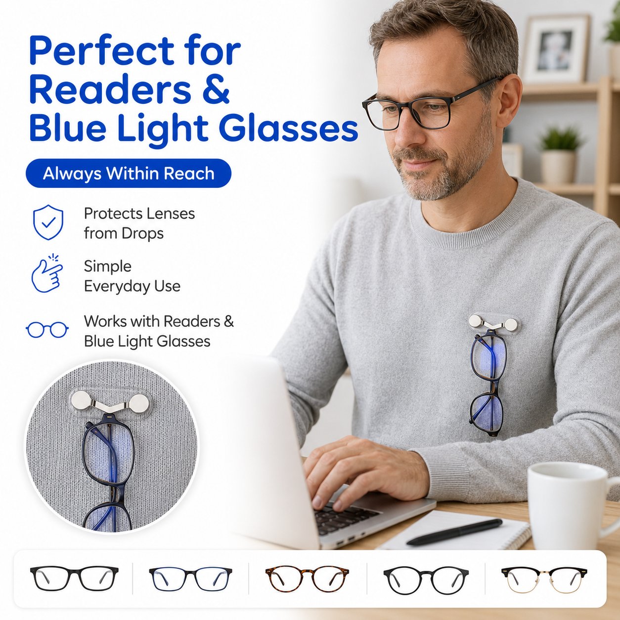 🧲 Magnetic Eyeglass Holder Clip, Universal Glasses Hanger for Readers, Blue Light Glasses & Sunglasses, No More Lost Eyewear