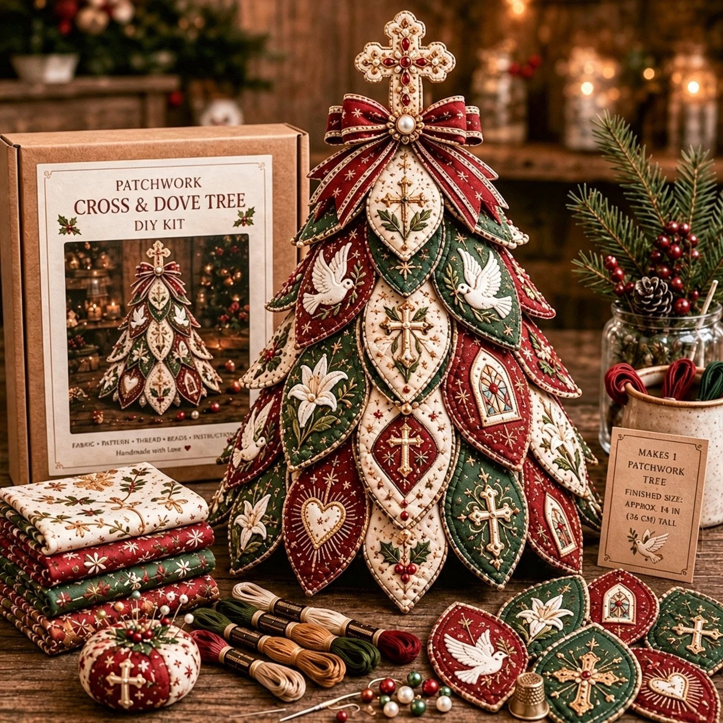 ⏳ Last Day 49% OFF – ✝️ Beginner-Friendly Tree of Faith 3D Quilted Christmas Tree Sewing Kit | Complete Kit with Coordinated Fabrics, Beads & Step-by-Step Guide Included 💕