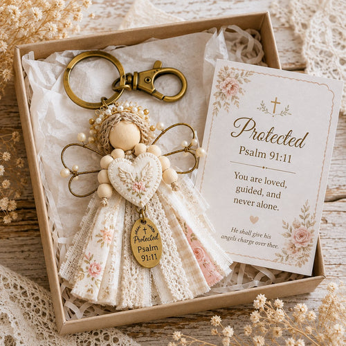 🔥Last Day 50% OFF -Faith Guardian Keychain Scripture Gift Set Collection | Layered Fabric Charm, Inspirational Scripture Card & Ready-to-Gift Box Included 💕
