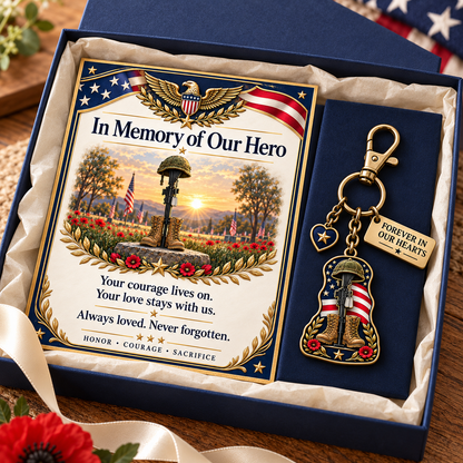 🇺🇸 "In Memory of Our Hero" Memorial Keychain &amp; Keepsake Card Set | Military Remembrance Gift